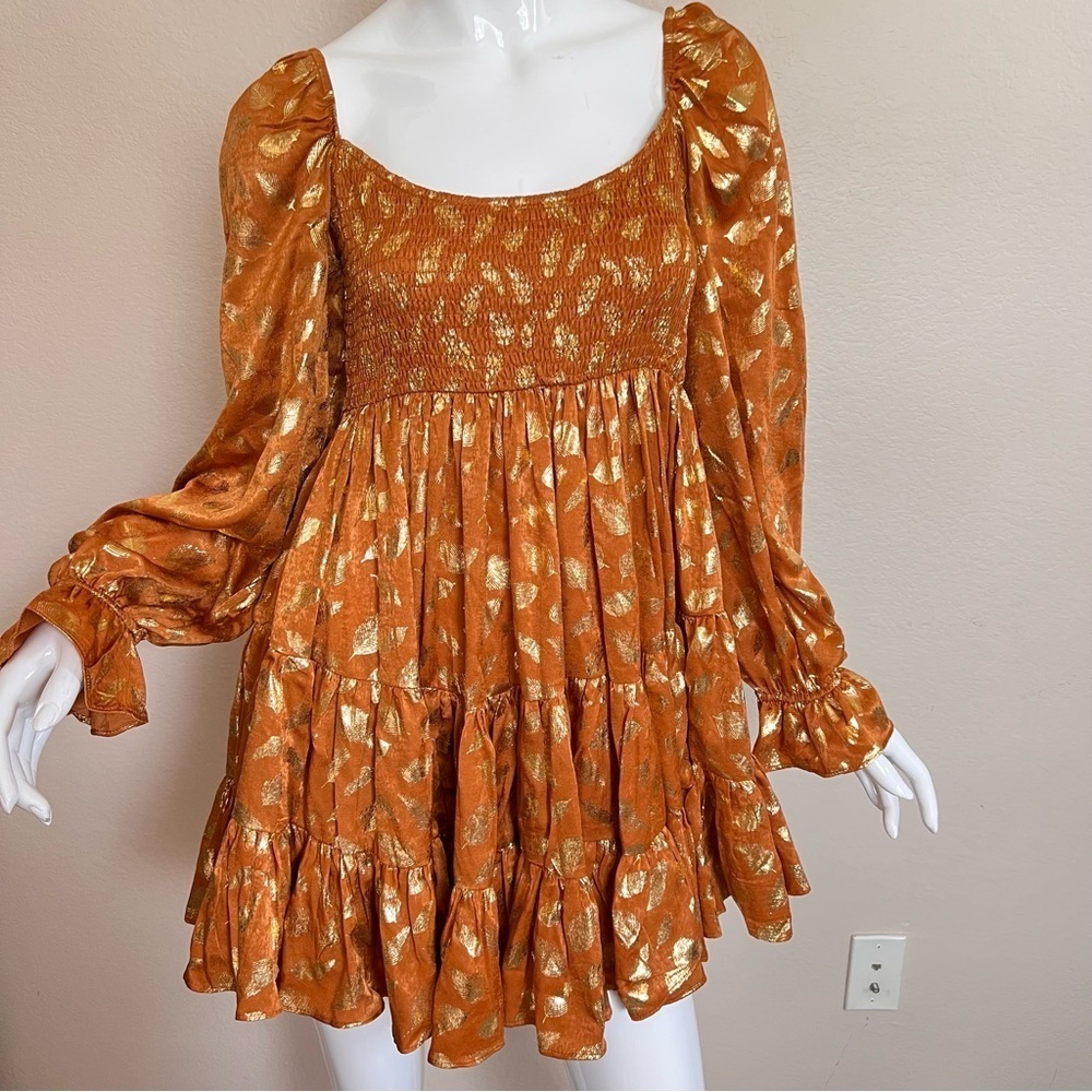 Aron Rust and Gold Velvet Smocked Mini  Dress NWT